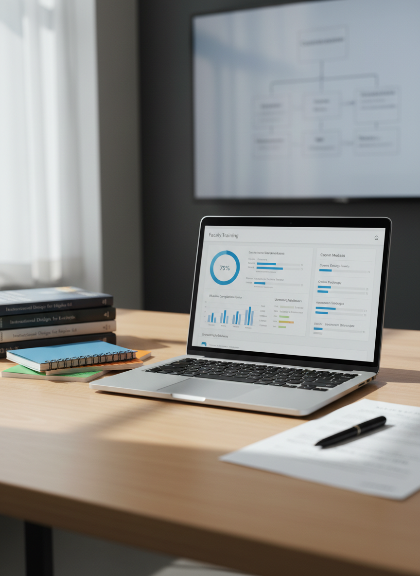 A sleek, modern training workspace centered around an open laptop displaying a clean faculty training dashboard with charts, course modules, and progress bars clearly visible. The laptop rests on a light maple desk alongside neatly stacked instructional design books, color-coded notebooks, and a pen beside a printed training plan. In the background, a large wall-mounted screen shows a blurred outline of a content development flowchart. Soft, diffused daylight enters from an unseen window, casting gentle, natural shadows and subtle reflections on the laptop’s metallic surface. Photographic realism at eye-level, with a shallow depth of field, creates a professional, focused atmosphere ideal for an education and faculty development website.