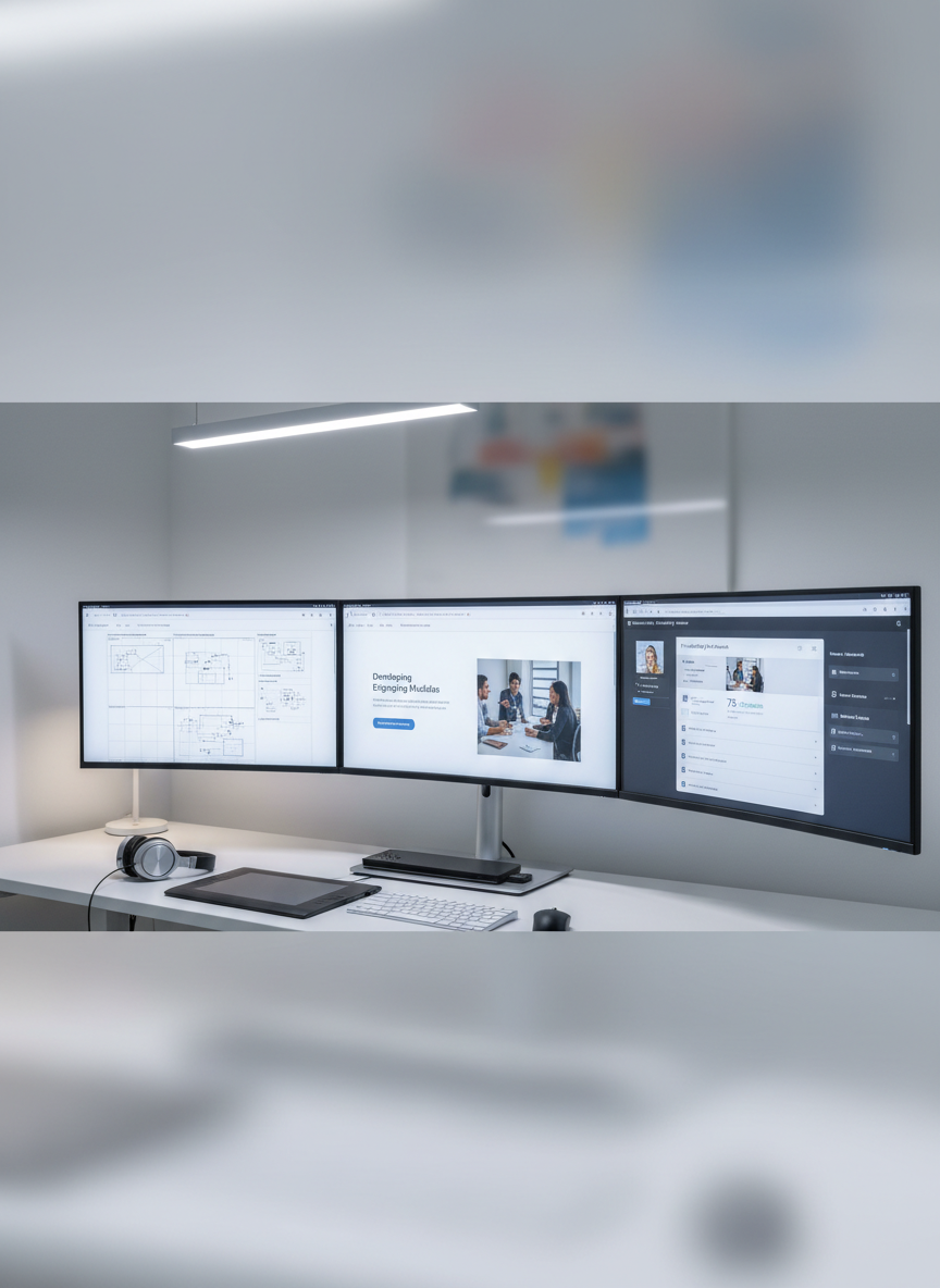 A wide panoramic view of a minimalist digital studio setup, featuring three large ultra-wide monitors forming a seamless workspace. Each screen shows different stages of faculty training content development: a storyboard outline, a slide design interface, and a learning management system preview. Below, a tidy white desk holds a slim keyboard, a graphics tablet, and a pair of noise-cancelling headphones. Cool, even LED lighting from an overhead panel and a soft desk lamp creates a crisp, neutral tone, with subtle reflections on the monitor bezels. Shot from a slightly elevated angle in photographic realism, the composition uses rule of thirds to emphasize clarity, organization, and a highly professional, tech-forward training environment.