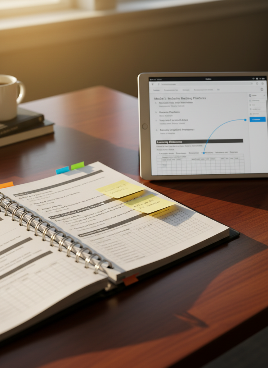 A close-up, photographic realistic shot of a printed faculty training curriculum binder lying open on a smooth, dark wood table. The visible pages contain clearly structured modules, learning outcomes, and assessment rubrics, highlighted with colored tabs and sticky notes. Beside the binder, a tablet displays the same curriculum in a modern, responsive interface, visually linking print and digital formats. Soft afternoon sunlight streams diagonally across the table, creating a warm, focused pool of light on the documents and leaving the background gently blurred. Captured from a slightly elevated, three-quarter angle with shallow depth of field, the image conveys precision, organization, and the professional rigor of a well-designed faculty training program.