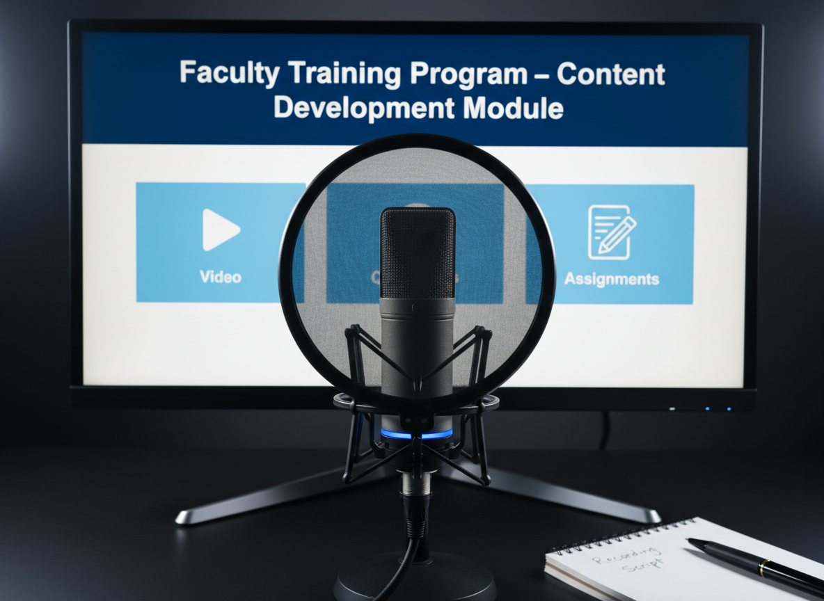 A focused, photographic realistic scene of a high-end microphone and pop filter positioned in front of a large monitor displaying a slide deck titled “Faculty Training Program – Content Development Module.” The monitor shows a clean slide with icons for video, quizzes, and assignments arranged in a modern layout. The equipment rests on a matte black desk with a simple notepad labeled “Recording Script” and a neatly placed pen. Subtle, cool-toned studio lighting from the side creates gentle highlights on the metal microphone grille and monitor edges, while the background fades softly into darkness. Shot at eye level with a medium depth of field, the mood is professional and polished, emphasizing e-learning content production.