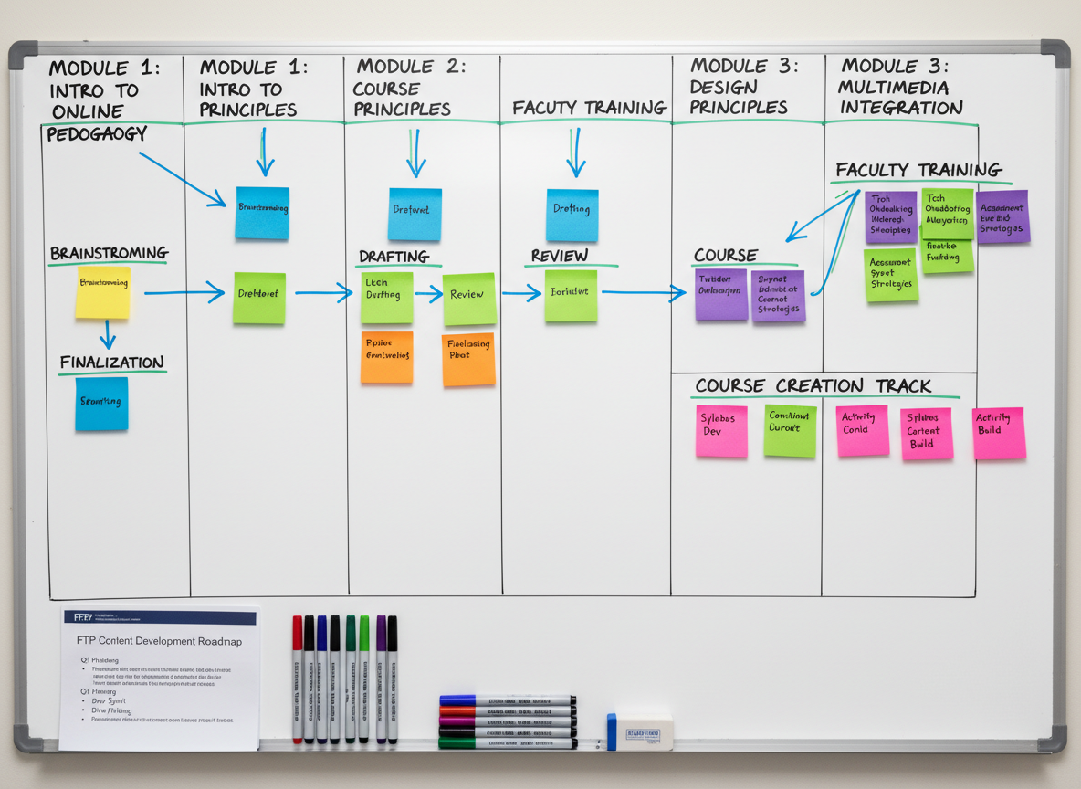 An overhead, photographic realistic composition of a content development planning session represented only by objects: a large whiteboard horizontally filling the frame, covered with neatly written module titles, arrows, and color-coded sticky notes forming an instructional design flow. At the bottom edge, a row of fine-tip markers in assorted colors rests on the whiteboard tray, along with a small eraser and a printed checklist titled “FTP Content Development Roadmap.” Bright, evenly distributed indoor lighting minimizes shadows and emphasizes clarity of text and diagrams. The mood is structured and methodical, highlighting process and strategy for faculty training and course creation without any human presence.